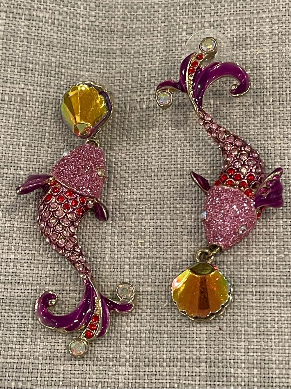 Betsey Johnson Mismatch Pink Fish Drop Earrings pink purple rhinestone earrings